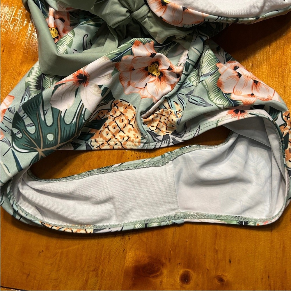 Tropical Floral Pineapple One Piece Swimsuit Sage Green Wrap Tie Large Boho Chic - Picture 8 of 11